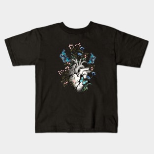 Human heart anatomy with blue butterflies and flowers, floral art of human heart Kids T-Shirt